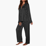 Women's Satin Pajama Set with Button Top and Stripe Design
