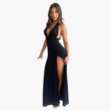 Maxi Dress with Slit & Halter Neck - Women's Evening Wear