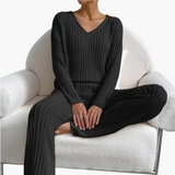 Women's Lounge Set with V-Neck and Ribbed Surface