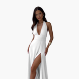 Maxi Dress with Slit & Halter Neck - Women's Evening Wear