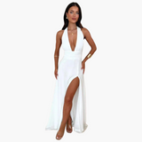 Maxi Dress with Slit & Halter Neck - Women's Evening Wear
