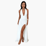 Maxi Dress with Slit & Halter Neck - Women's Evening Wear