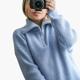 Women's Sweater with Zip Neck and Ribbed Surface