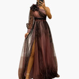 One-Shoulder Maxi Dress with Mesh Print - Women's Evening Wear