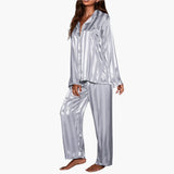 Women's Satin Pajama Set with Button Top and Stripe Design