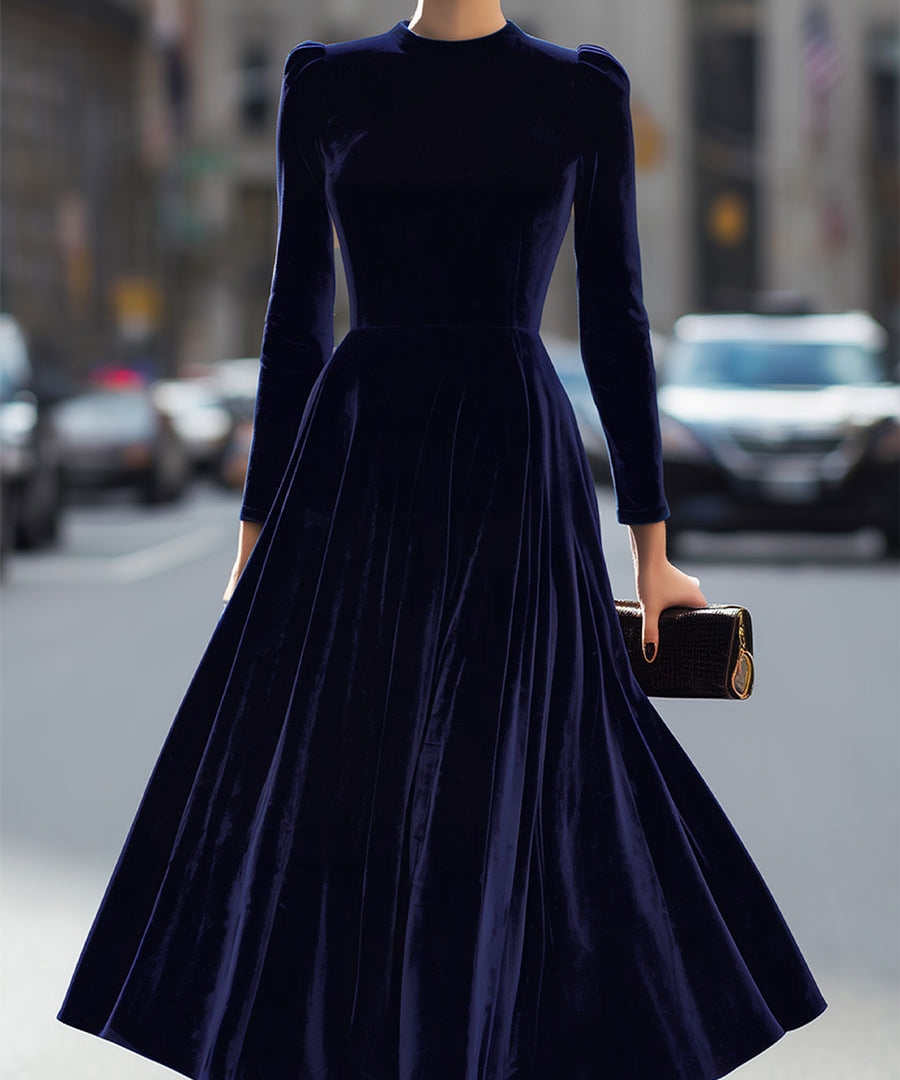 Elissa Navy Blue Velvet Midi Dress