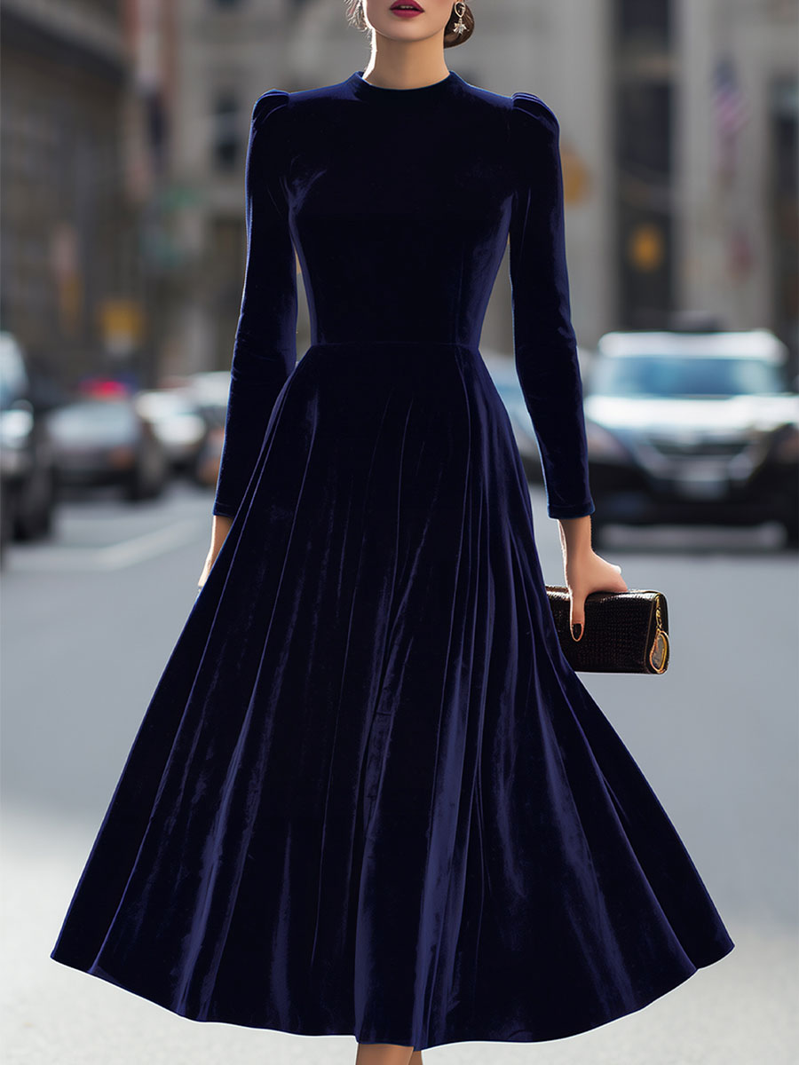 Elissa Navy Blue Velvet Midi Dress