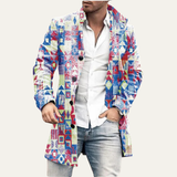 The Glenhaven Men's Colourful Patchwork Geometric Long Jacket with Pockets