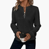 Women's pullover with zipper at the neckline and cable knit surface