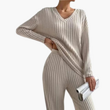 Women's Lounge Set with V-Neck and Ribbed Surface