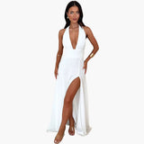 Maxi Dress with Slit - Elegant Women's Evening Dress Halter Neck