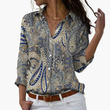 Flower Print Women's Blouse with Button Placket and V-Neck