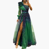 One-Shoulder Maxi Dress with Mesh Print - Women's Evening Wear