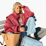 Women's Oversized Jacket with Long Sleeves and Contrast Stitching