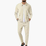 Men's Two-Piece Set with Zip-Up Shirt and Straight-Cut Pants
