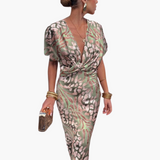 Women's Ankle-Length Dress with V-Neck and Knotted Front Detail
