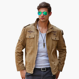 Men's Cargo Military Jacket with Zipper and Badge Details