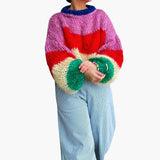 Women's Oversized Sweater with Striped Pattern and Round Neckline