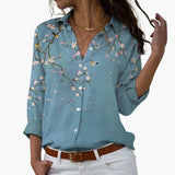 Flower Print Women's Blouse with Button Placket and V-Neck