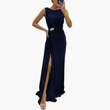 Pleated Maxi Dress with Slit - Elegant Women's Evening Dress