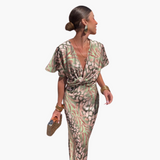 Women's Ankle-Length Dress with V-Neck and Knotted Front Detail