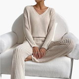 Women's Lounge Set with V-Neck and Ribbed Surface