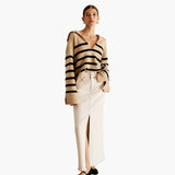 Women's Pullover with V-Neck and Striped Surface