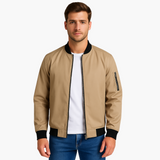 Men's Bomber Jacket with Front Zipper and Ribbed Hem