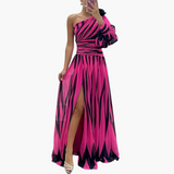 Striped One-Shoulder - Women's Elegant Maxi Dress with Slit