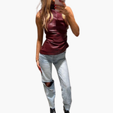 Faux Leather Top for Women – Sleeveless, Elegant Design