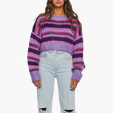 Women's Oversized Sweater with Striped Pattern and Round Neckline