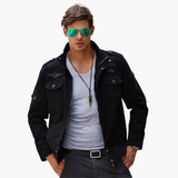 Men's Cargo Military Jacket with Zipper and Badge Details