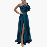 Striped One-Shoulder - Women's Elegant Maxi Dress with Slit