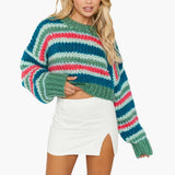 Women's Oversized Sweater with Striped Pattern and Round Neckline