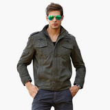 Men's Cargo Military Jacket with Zipper and Badge Details