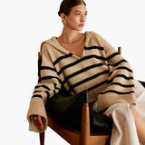 Women's Pullover with V-Neck and Striped Surface