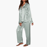 Women's Satin Pajama Set with Button Top and Stripe Design