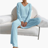 Women's Lounge Set with V-Neck and Ribbed Surface