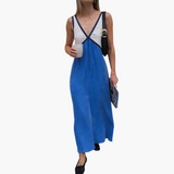 Light V-Neck Maxi Dress for Women - Color Block Design