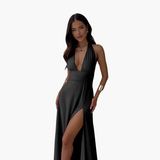 Maxi Dress with Slit & Halter Neck - Women's Evening Wear