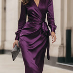 Clara Deep Plum Satin Wrap Midi Dress