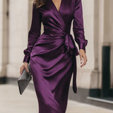 Clara Deep Plum Satin Wrap Midi Dress
