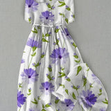 Sage - Retro Lace-Up Waist Half Sleeve Floral Dress