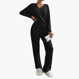 Women's Lounge Set with V-Neck and Ribbed Surface