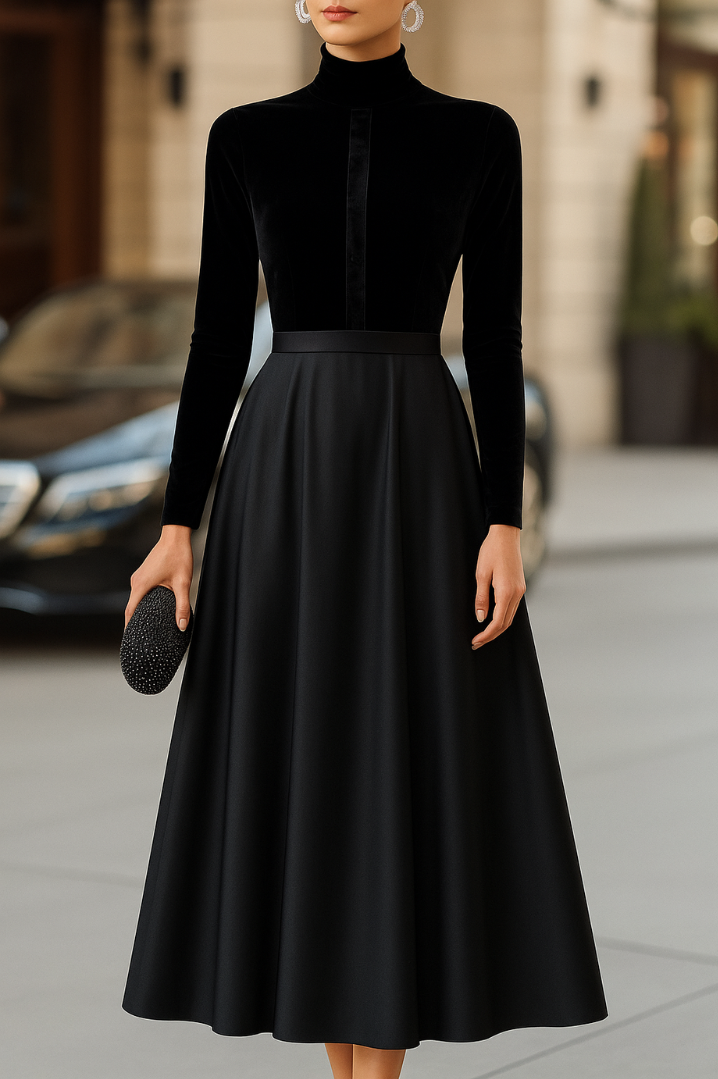 Ava Black Velvet Satin Midi Dress