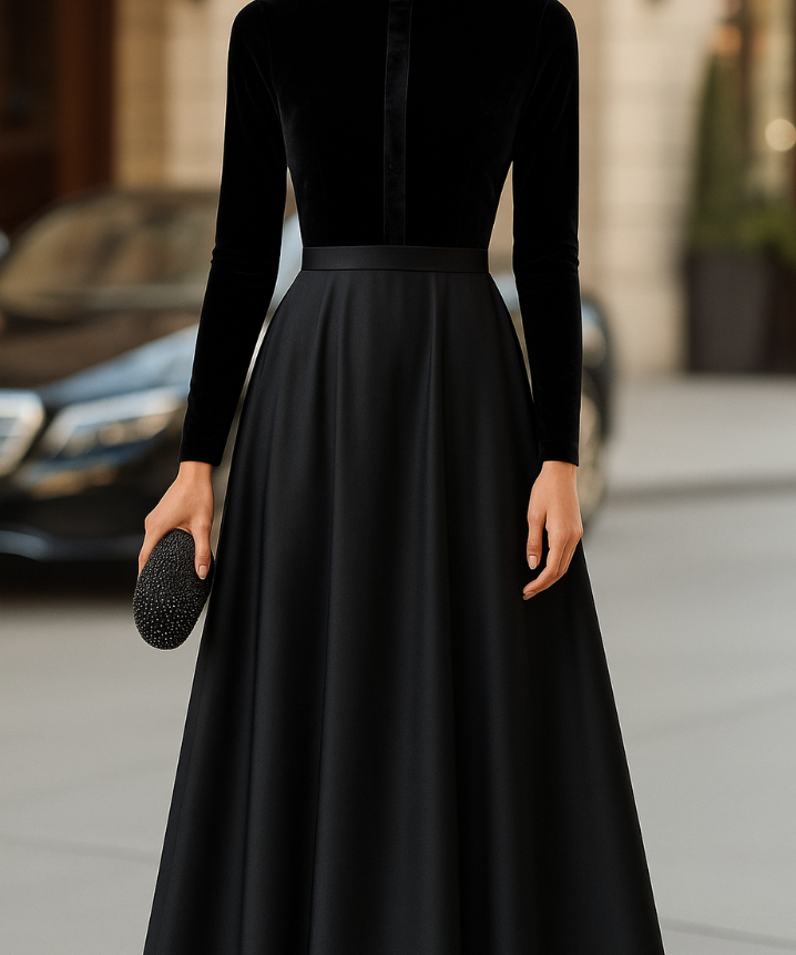 Ava Black Velvet Satin Midi Dress
