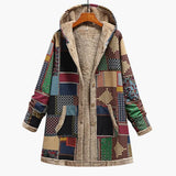 Women's Hooded Jacket with Buttons and Patchwork Surface