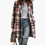 Women's Check Jacket with Front Buttons and Long Sleeves