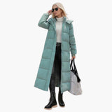 Women's Long Winter Coat with Hood and Button Closure