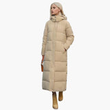 Women's Long Winter Coat with Hood and Button Closure